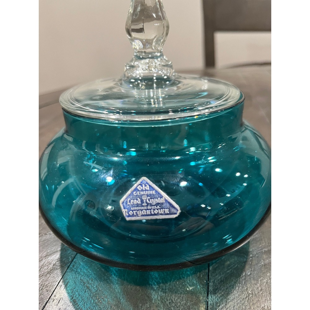 Morgantown Glass PALACE Candy Box Peacock Blue #9952 Decor Line Sticker MCM Vtg - Picture 2 of 8